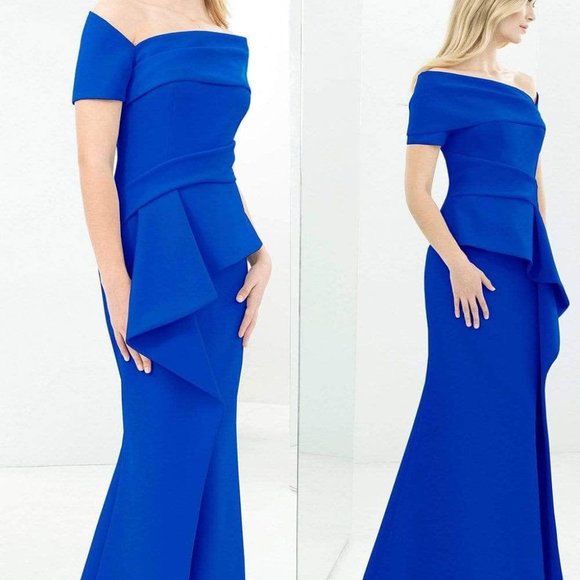 Alexander By Daymor One Shoulder Ruffled Peplum Mermaid Gown  Blue Size 8 - Picture 1 of 6